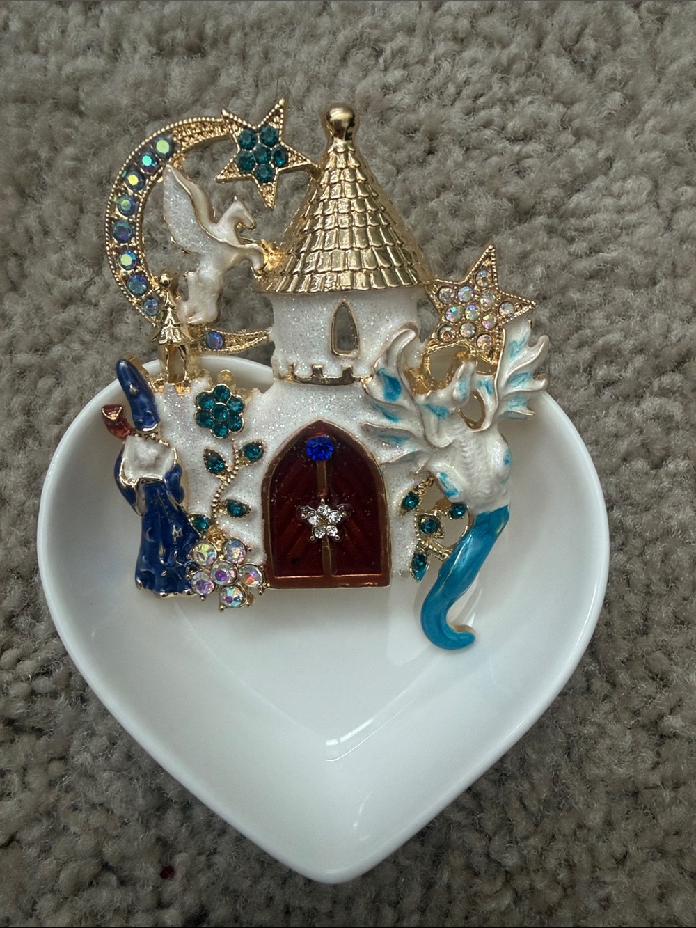 Enamel Castle Brooch with Stars & Unicorns - Gold, White, Blue, Red